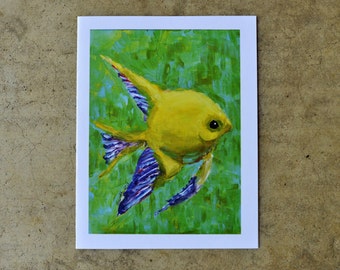 Set of 6 Blank Note Cards. "Fish" by Anicka at age 10. Print of original acrylic painting. Yellow, green, purple. Proceeds to charity.