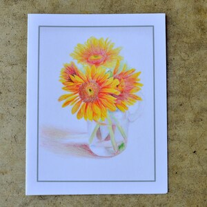 1 en blanco Notecard "Girasoles" | Impresión del lápiz de color original dibujo de Anicka a los 11 años. Ingresos a la caridad. Flores naranjas, amarillas.