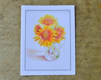 Set of 6 Blank Notecards "Sunflowers" Prints of original colored pencil by Anicka at age 11. Proceeds to charity. Yellow, orange, flowers.