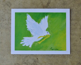 Set of 6 Blank Notecards "Dove" Print of original acrylic painting by Anicka at age 10. All proceeds to charity. Green, Sympathy, Peace.