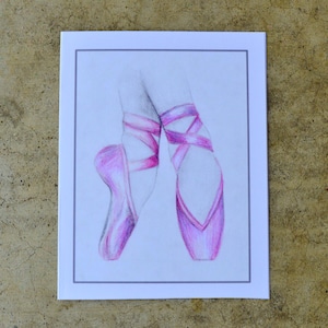 1 lege Opmerking Card. "En Pointe" Print van originele gekleurde potlood tekening door Anicka op 11-jarige leeftijd. Opbrengst aan liefdadigheid. Roze ballet schoenen.