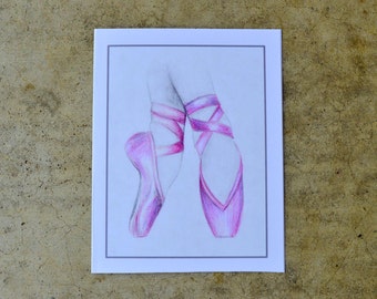 1 Blank Note Card. "En Pointe" Print of original colored pencil drawing by Anicka at age 11. Proceeds to charity. Pink ballet shoes.