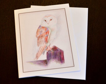 Set of 6 Blank Notecards "Barn Owl" Prints of original colored pencil drawing by Anicka at age 11. Proceeds to charity. Purple, orange.