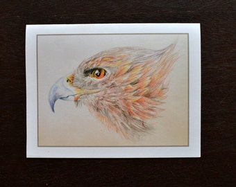 1 Blank Note Card. "Golden Eagle" Print of original colored pencil drawing by Anicka at age 11. All proceeds to charity.