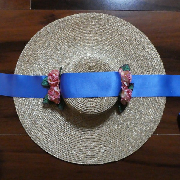 18th Century Colonial Style Felicity Inspired Shallow Crown Straw Hat w/ Blue Silk Satin Trim and Pink Paper Flowers Cosplay (ACC-H28)