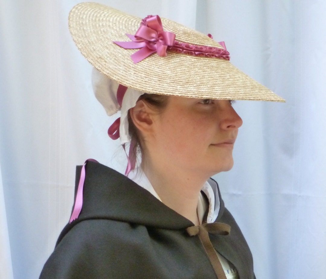 18th Century Shallow Crown Straw Hat Trimmed W/ Rose Pink  display picture 2