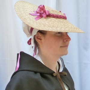 18th Century Shallow Crown Straw Hat Trimmed w/ Rose Pink Silk Satin Ribbons for Colonial Rev War Reenacting (ACC-H9)
