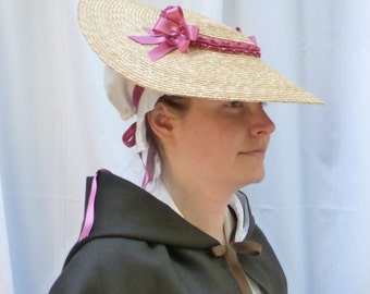 18th Century Shallow Crown Straw Hat Trimmed W/ Rose Pink Silk