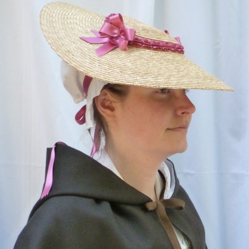 18th Century Shallow Crown Straw Hat Trimmed W/ Rose Pink  display picture 2