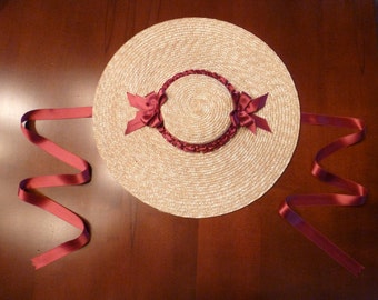 Color Choices! ~ 18th Century Shallow Crown Straw Hat Trimmed w/ Silk Satin Ribbons for Colonial Rev War Reenacting (ACC-H13)