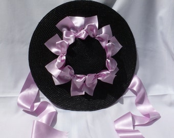 Color Choices!  18th Century Shallow Crown Straw Hat Trimmed w/ Silk Satin Ribbon Bows for Colonial Rev War Reenacting Costume (ACC-H3)