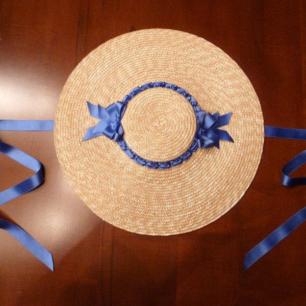 18th Century Shallow Crown Straw Hat Trimmed w/ Cornflower Blue Silk Satin Ribbons for Colonial Rev War Reenacting or Costume (ACC-H17)