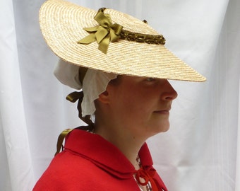 18th Century Shallow Crown Straw Hat Trimmed w/ Olive Green Silk Satin Ribbons for Colonial Rev War Reenacting or Costume (ACC-H4)