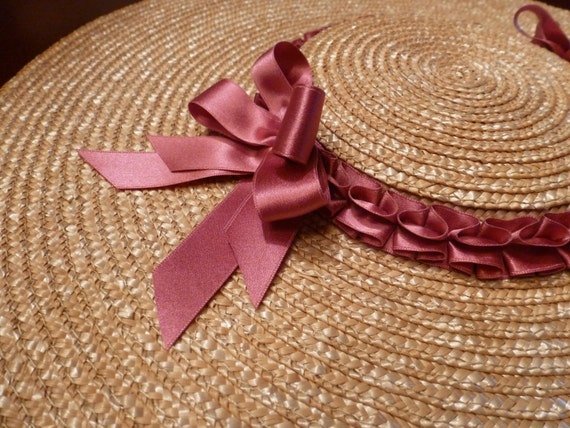新品未使用wicagrocery Strawhat Ribbon Piping 18th Century Shallow Crown Straw Hat Trimmed W/ Rose Pink Silk