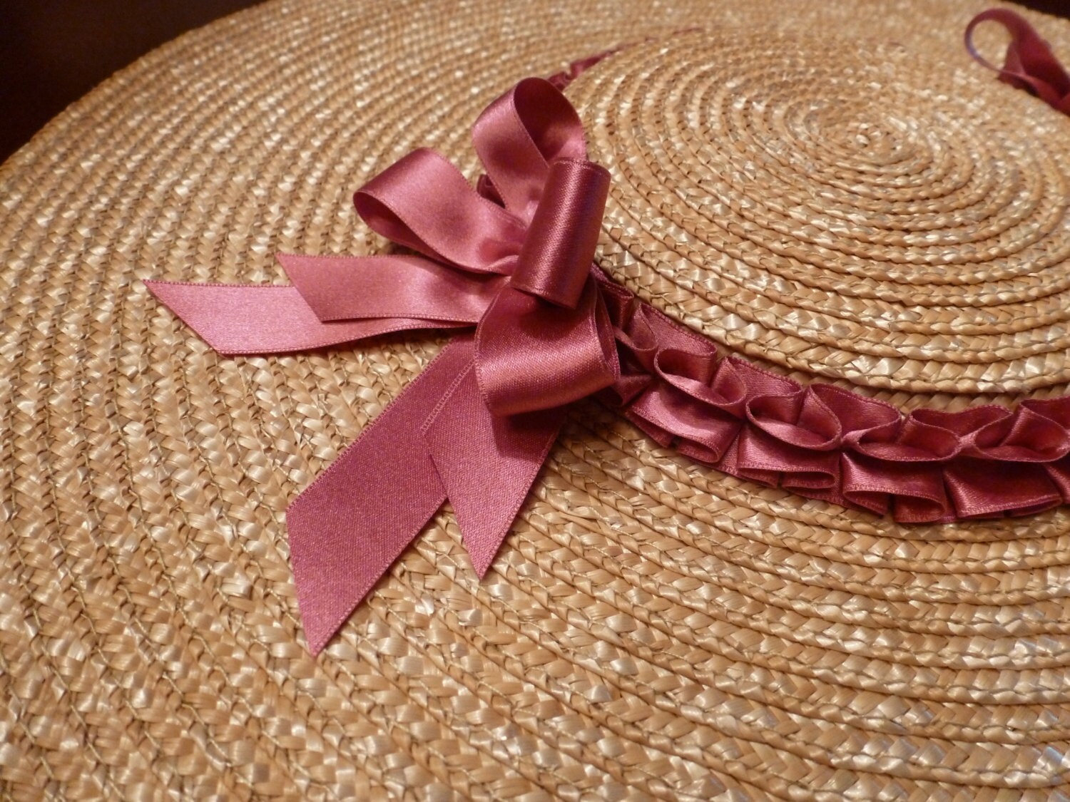 18th Century Shallow Crown Straw Hat Trimmed W/ Rose Pink 