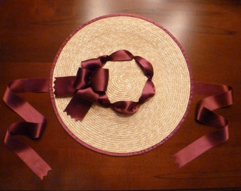 MANY COLORS 18th Century Shallow Crown Straw Hat Trimmed w/ Silk Satin Ribbon Poofs Bow and Binding Colonial Rev War or Costume (ACC-H17)