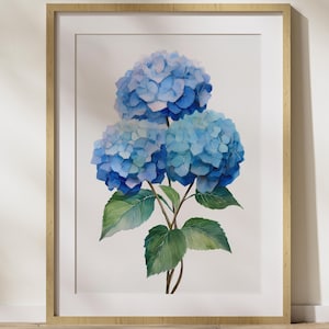 Watercolor Blue Hydrangea Print, Modern Southern Floral Wall Art, Flowering Botanical Wall Art,  Livingroom Botanical Wall Art
