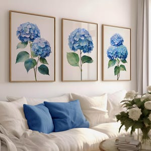 Blue Hydrangea Print Set of 3 Wall Art Printable, Digitized Floral Wall Art, Modern Southern Floral Wall Art, Floral Art Prints in Blues
