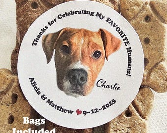Custom Dog Wedding Favor Stickers, Treat Bags, Pet Photo