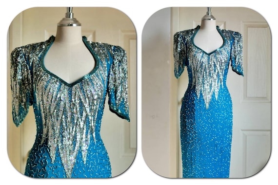 1980s Turquoise Sequin Beaded prom dress