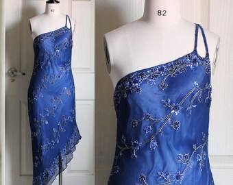 Vintage Y2K SCALA Embroidered Asymmetrical  Blue Evening Silk Dress