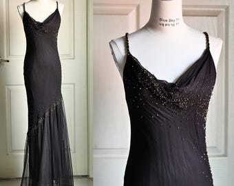 Y2K Dark Brown Beaded Silk Cowl Neck Fairycore Vampy Bias cut Prom Dress Formal Gown Bridemaids from Xscape Size 6