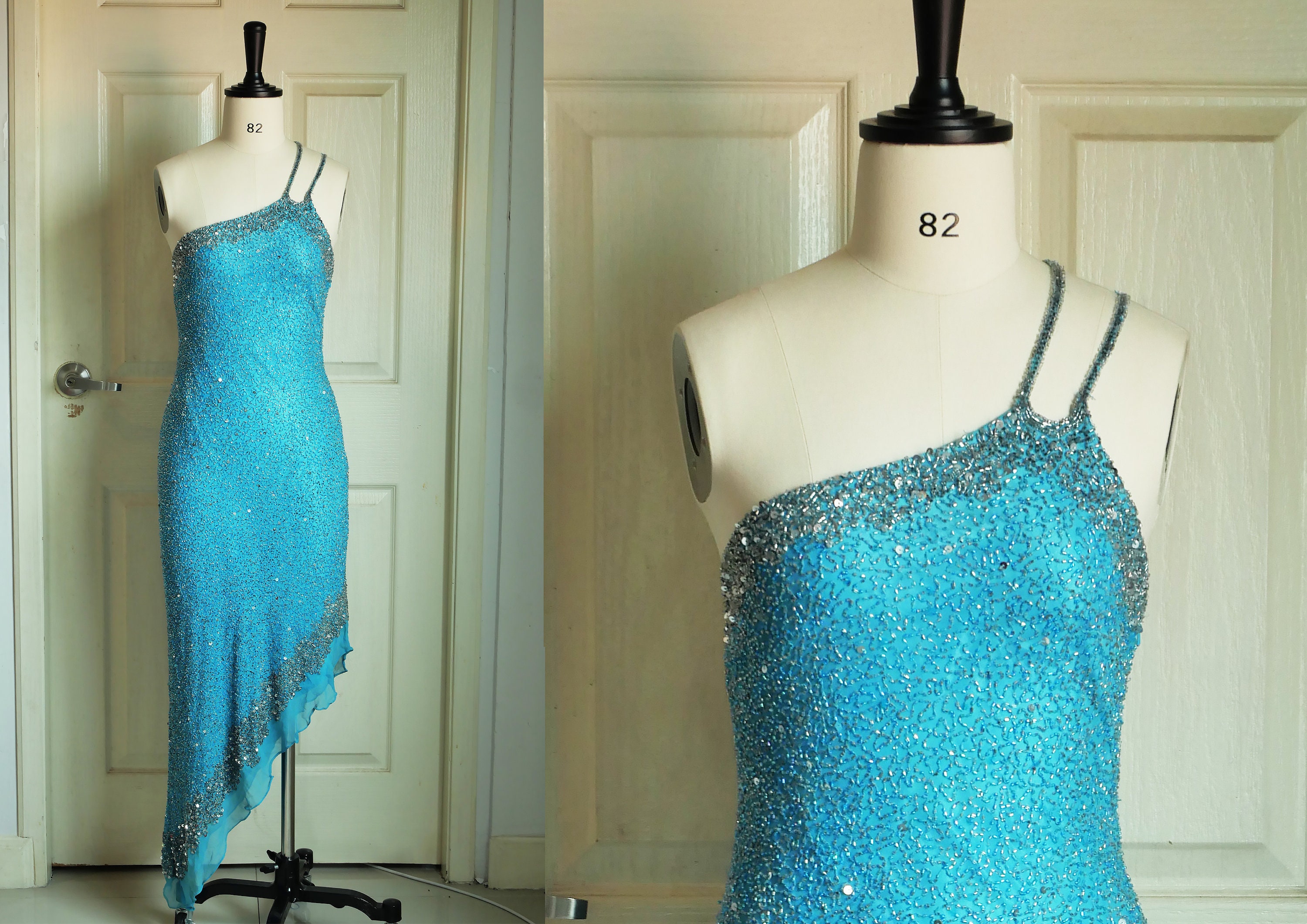 Vintage Blue Asymmetrical Y2K Beaded Dress by Scala: A