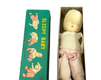 Vintage 1957 Japanische 7 ”Shackman Cloth Sleepy Baby Doll Verkäufer Sample Original Box