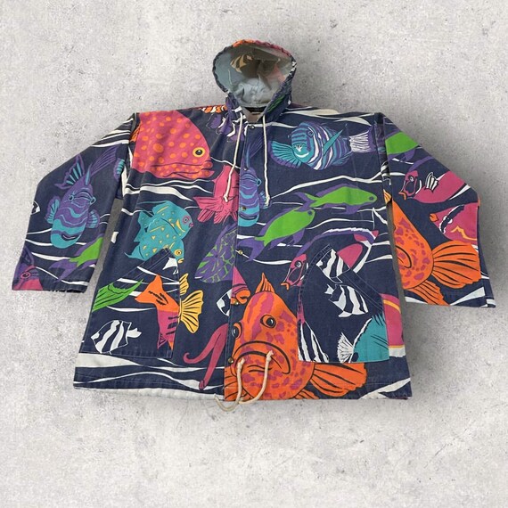 Orvis Canvas Jacket All Over Tropical Fish Print Vintage 80s