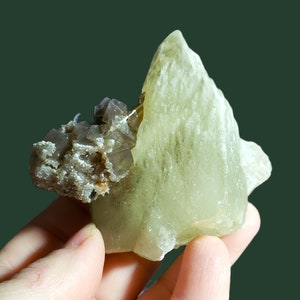 Yellowish Green Calcite Mountain with Purple Cubic Fluorite and Dogtooth Calcite Coating from Balochistan, Pakistan / 3.4 inches / 302.7 g
