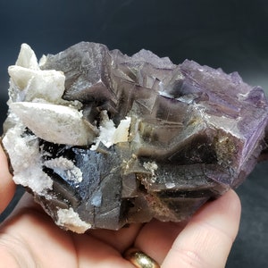 Triple Sided Purple and Brown Fluorite Crystal Cluster with White Dogtooth Calcite from Baluchistan, Pakistan / 4.3 inches / 583.5 grams