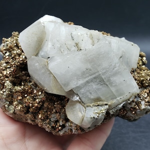 DISCOUNTED: New Find! White Calcite and Bronzy Gold Pyrite on Calcite and Base Rock from Jiangxi Province, China/ UV Reactive / 5.1 in.