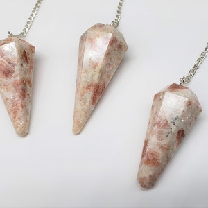 DISCOUNTED: Sunstone Faceted Pendulums for Divination / Dowsing Pendulum with Chain and Clear Quartz Bead