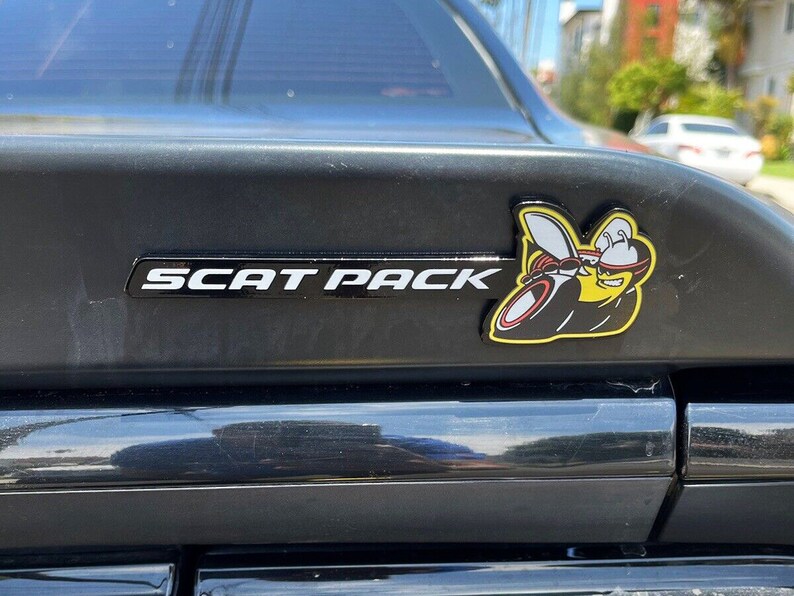 thumbnail interactive-video image 1 of Mopar Licensed Scat Pack Bee Acrylic Trunk Spoiler Badge – Color Options – Fits Dodge Challenger Charger 1 of 4