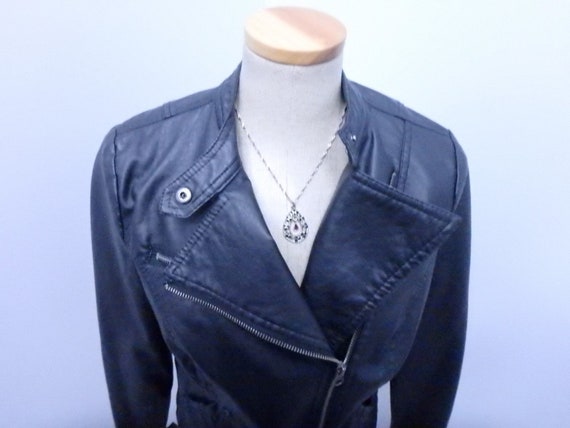 Black Faux Leather Women's Coat Jacket Medium Suz… - image 2