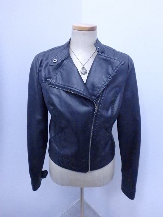 Black Faux Leather Women's Coat Jacket Medium Suz… - image 1