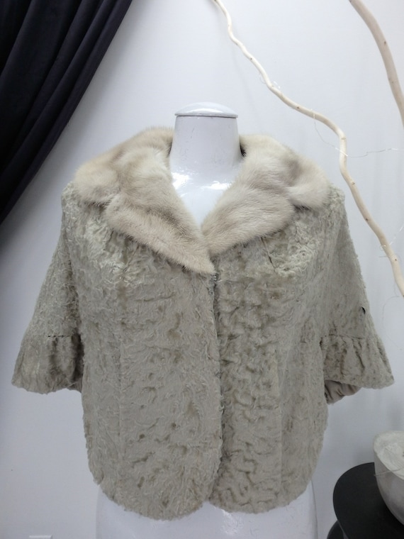 Broadtail and Mink Real Fur Taupe CAPE Coat Jacke… - image 1