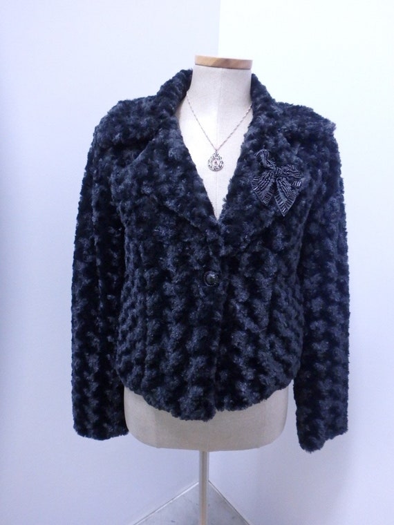 Persian Lamb Faux Fur Coat Jacket Black Size Medi… - image 1