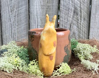 Może przedstawiać: Ceramiczny kubek z żółtym uchwytem w kształcie ślimaka z brązowymi plamkami. Korpus kubka jest w kolorze nakrapianego terakoty i zieleni, z gładkim, szkliwionym wykończeniem. Uchwyt w kształcie ślimaka biegnie pionowo od krawędzi do podstawy.