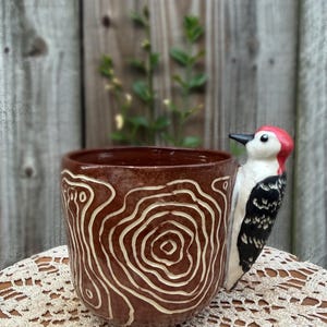 May include: A brown ceramic mug featuring a carved white tree ring pattern on the exterior. The handle is shaped like a woodpecker with a red crest, black and white wings, and a white chest, attached to the side of the cylindrical vessel.