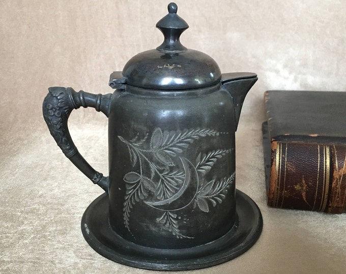 Antique Teapot, Etched, Quadruple Silver, Union Metal Works, Hinged Lid