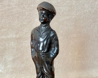 Vintage Bronze Statue of "The Whistler", Reproduction of French Statue of Barefoot Boy in Newscap, Unique Home or Office Decor