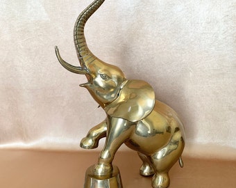 19" Brass Circus Elephant Statue, Upturned Trunk Good Luck Gold Elephant, Old World Home Decor