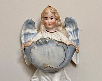 Vintage German Angel Holy Water Font, Religious Home Entry Decoration, Porcelain Wall Hanging Angel for Holy Water, Spiritual Home Gift