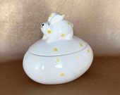 Bunny Candy Box, Polka Dot Bunny, Lidded Porcelain Egg, Easter Decor, Rabbit Trinket Box, Vintage Easter, Large Bunny Egg, Bunny Candy Dish