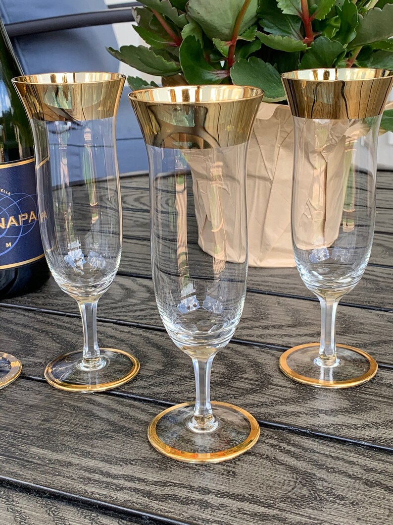 Vintage Gold Trim Champagne Flutes Mid Century Parfait Shaped Etsy