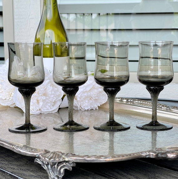 Vintage Royal Prestige Smoke Grey Wine Glass w Hand Blown Twisted Stems,  Luxury Mid Century Glam Stemware in Smoke, Two Sets of Available