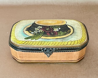 Vintage Hand Painted TOYO Porcelain Trinket/Jewelry Box, Hob Nail Brass Trim on Victorian Themed Lidded Box, Victorian Hat Design