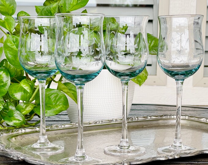 Vintage Tall Stem Turquoise Wine Glasses From Lenox in heather Blue
