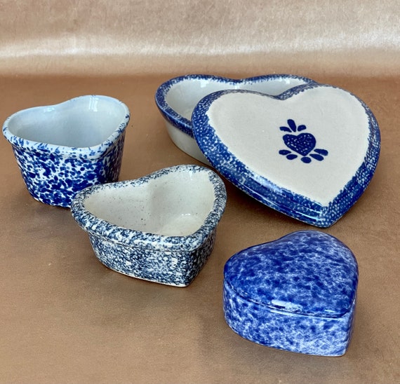 Blue Sponge Painted Pottery Heart Dishes, Lidded … - image 1